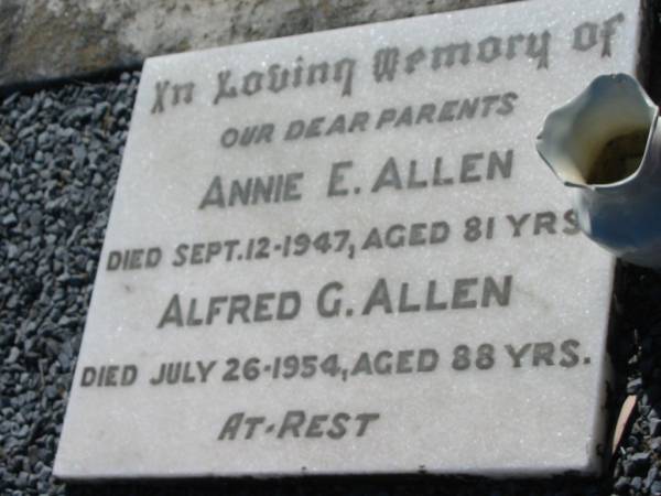 Annie E ALLEN  | 12 Sep 1947, aged 81  | Alfred G ALLEN  | 26 Jul 1954, aged 88  | Lowood General Cemetery  |   | 