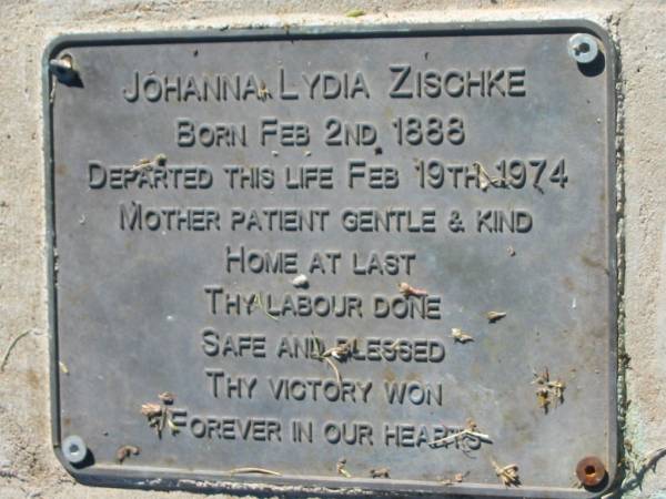 Johanna Lydia ZISCHKE  | b: 2 Feb 1888, d: 19 Feb 1974  | Lowood General Cemetery  |   | 