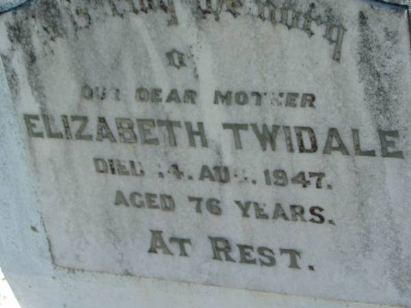 Elizabeth TWIDALE  | 14 Aug 1947, aged 76  | Lowood General Cemetery  |   | 