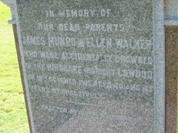 James Munro WALKER  | Ellen WALKER  | accidently drowned in the Brisbane river at Lowood  | 18 Oct 1911 aged 40 and 43 respectively  | Lowood General Cemetery  |   | 