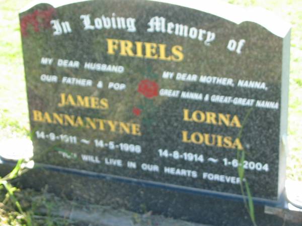 James Bannantyne FRIELS  | b: 14 Sep 1911, d: 14 May 1998  | Lorna Louisa FRIELS  | b: 14 Aug 1914, d: 1 Jun 2004  | Lowood General Cemetery  |   |   | 