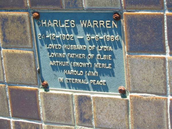 Charles WARREN  | b: 24 Dec 1902, d: 3 Jun 1984  | (husband of Lydia, father of Elsie, Arthur (Snowy), Merle, Harold (Jim)  | Lowood General Cemetery  |   | 