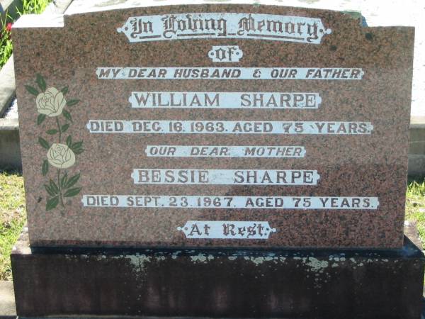 William SHARPE  | 16 Dec 1963, aged 75  | Bessie SHARPE  | 23 Sep 1967, aged 75  | Lowood General Cemetery  |   | 