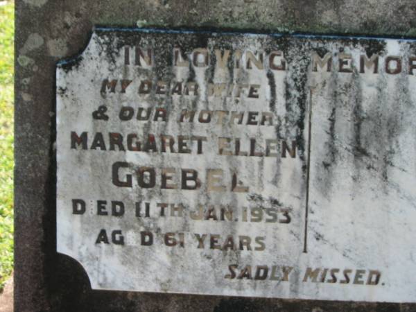 Margaret Ellen GOEBEL  | 11 Jan 1953, aged 61  | Lowood General Cemetery  |   | 