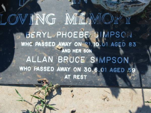Beryl Phoebe SIMPSON  | 21 Oct 2001, aged 83  | (son) Allan Bruce SIMPSON  | 30 Jun 2001, aged 59  | Lowood General Cemetery  |   | 