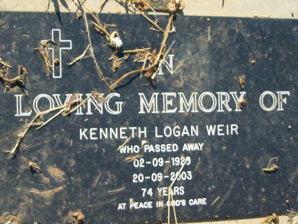 Kenneth Logan WEIR  | b: 2 Sep 1929, d: 20 Sep 2003, aged 74  | Lowood General Cemetery  |   | 
