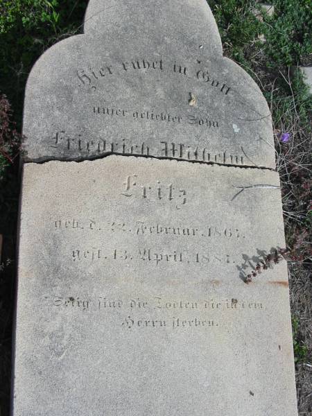 Friedrich Wilhelm FRITZ, born 22 Feb 1867 died 13 Apr 1887, son;  | Lowood Trinity Lutheran Cemetery (Bethel Section), Esk Shire  | 