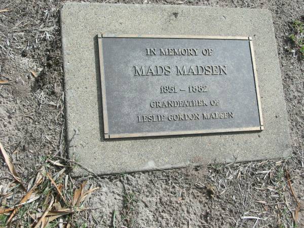 Mads MADSEN, 1851-1882, grandfather of Leslie Gordon MADSEN;  | Lowood Trinity Lutheran Cemetery (Bethel Section), Esk Shire  | 