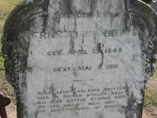 Ernestine BRUNS, born 15 Apr 1848 died 2 May 1916;  | Lowood Trinity Lutheran Cemetery (Bethel Section), Esk Shire  | 