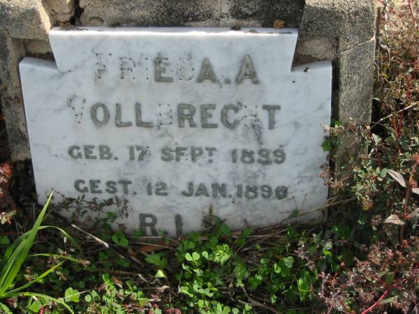 Frieda A. VOLLBRECHT, born 17 Sept 1899 died 12 Jan 1890;  | Lowood Trinity Lutheran Cemetery (Bethel Section), Esk Shire  | 