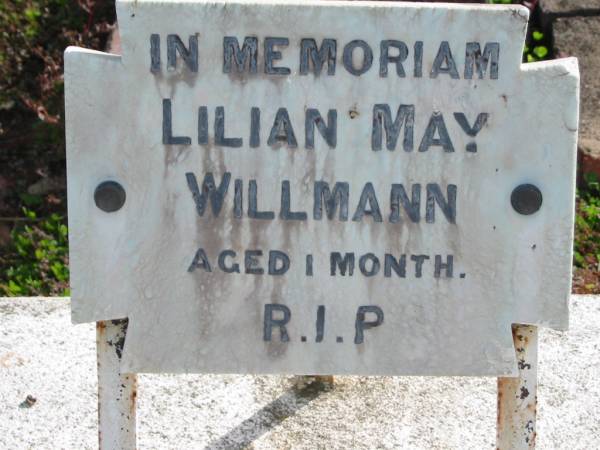 Lilian May WILLMANN aged 1 month;  | Lowood Trinity Lutheran Cemetery (Bethel Section), Esk Shire  | 