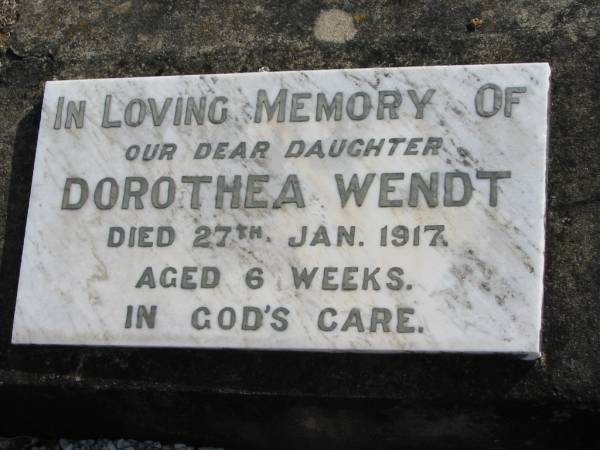 Dorothea WENDT, died 27 Jan 1917 aged 6 weeks, daughter;  | Lowood Trinity Lutheran Cemetery (Bethel Section), Esk Shire  | 