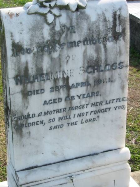 Wilhelmine SCHLOSS, died 28 Apr 1921 aged 48 years;  | Lowood Trinity Lutheran Cemetery (Bethel Section), Esk Shire  | 