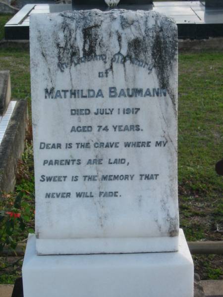 Mathilda BAUMANN, died 1 July 1917 aged 74 years;  | Lowood Trinity Lutheran Cemetery (Bethel Section), Esk Shire  | 