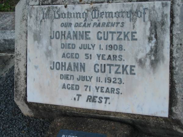 parents;  | Johanne GUTZKE died 1 July 1908 aged 51 years;  | Johann GUTZKE died 11 July 1923 aged 71 years;  | Mary Johanna Loretta SHAW (nee GUTZKE) born 21-1-1887 died 12-9-1981, mother;  | Lowood Trinity Lutheran Cemetery (Bethel Section), Esk Shire  | 