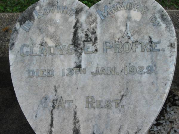 Gladys E. PROFKE, died 13 Jan 1929;  | Lowood Trinity Lutheran Cemetery (Bethel Section), Esk Shire  | 