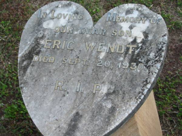 Eric WENDT, died 20 Sept 1930, son;  | Lowood Trinity Lutheran Cemetery (Bethel Section), Esk Shire  | 
