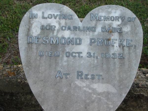 Desmond PROFKE, died 31 Oct 1932, babe;  | Lowood Trinity Lutheran Cemetery (Bethel Section), Esk Shire  | 