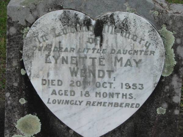 Lynette May WENDT, died 20 Oct 1953 aged 18 months, daughter;  | Lowood Trinity Lutheran Cemetery (Bethel Section), Esk Shire  | 