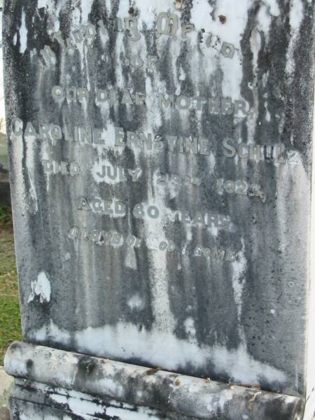 Caroline Ernestine SCHULZ, died 23 July 1923 aged 80 years, mother;  | Lowood Trinity Lutheran Cemetery (Bethel Section), Esk Shire  | 