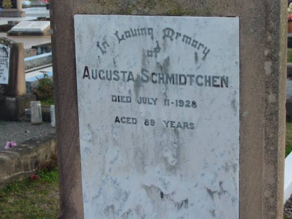 Augusta SCHMIDTCHEN, died 11 July 1928 aged 89 years;  | Lowood Trinity Lutheran Cemetery (Bethel Section), Esk Shire  | 