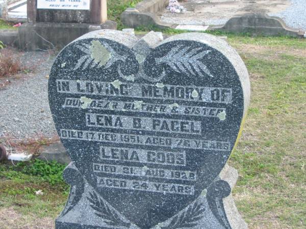 Lena B. PAGEL, died 15 Dec 1951 aged 78 years, mother sister;  | Lena GOOS, died 31 Aug 1928 aged 24 years;  | Lowood Trinity Lutheran Cemetery (Bethel Section), Esk Shire  |   | 