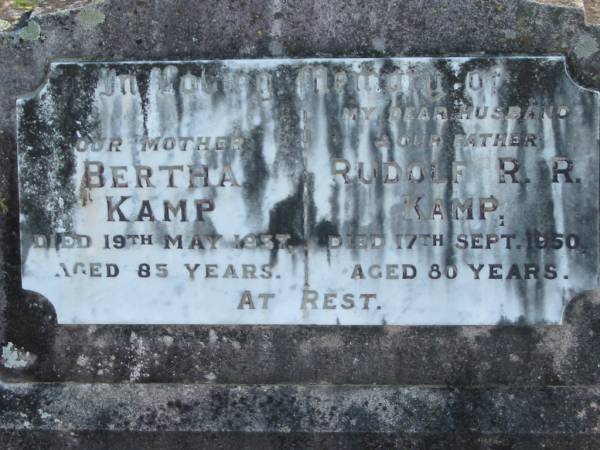 Bertha KAMP, died 19 May 1957 aged 85 years, mother;  | Rudolf R.R. KAMP, died 17 Sept 1950 aged 80 years, husband father;  | Lowood Trinity Lutheran Cemetery (Bethel Section), Esk Shire  | 