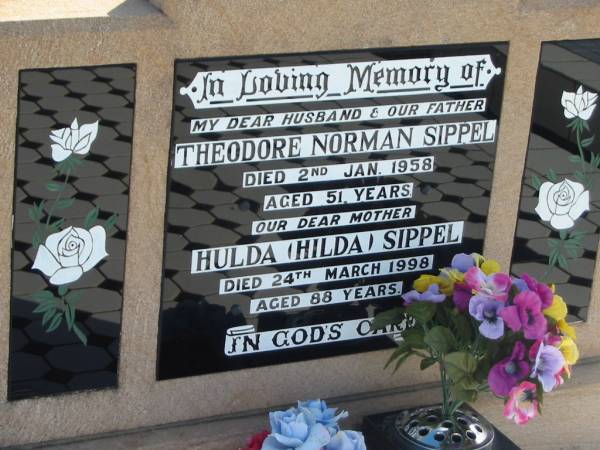 Theodore Norman SIPPEL, died 2 Jan 1958 aged 51 years, husband father;  | Hulda (Hilda) SIPPEL, died 24 Mar 1998 aged 88 years, mother;  | Lowood Trinity Lutheran Cemetery (Bethel Section), Esk Shire  | 