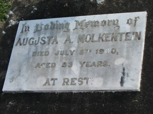 Augusta A. MOLKENTEIN, died 8 July 1960 aged 83 years;  | Lowood Trinity Lutheran Cemetery (Bethel Section), Esk Shire  | 
