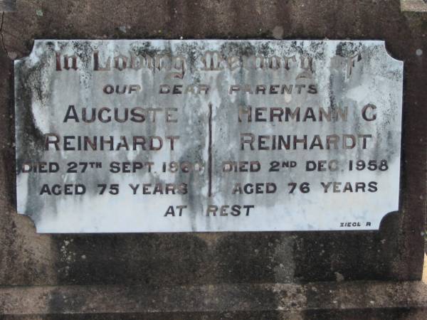 parents;  | Auguste REINHARDT, died 27 Sept 1960 aged 75 years;  | Hermann G. REINHARDT, died 2 Dec 1958 aged 76 years;  | Lowood Trinity Lutheran Cemetery (Bethel Section), Esk Shire  | 