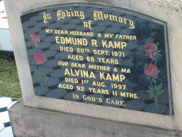 Edmund R. KAMP, died 20 Sept 1971 aged 68 years, husband father;  | Alvina KAMP, died 1 Aug 1997 aged 92 years 11 months, mother;  | Lowood Trinity Lutheran Cemetery (Bethel Section), Esk Shire  | 