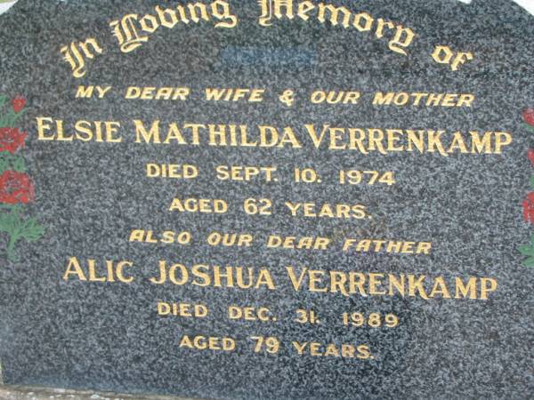 Elsie Mathilda VERRENKAMP, died 10 Sept 1974 aged 62 years, wife mother;  | Alic Joshua VERRENKAMP, died 31 Dec 1989 aged 79 years, father;  | Lowood Trinity Lutheran Cemetery (Bethel Section), Esk Shire  | 