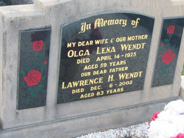 Olga Lena WENDT, died 14 Apr 1975 aged 59 years, wife mother;  | Lawrence H. WENDT, died 6 Dec 2002 aged 83 years, father;  | Lowood Trinity Lutheran Cemetery (Bethel Section), Esk Shire  | 