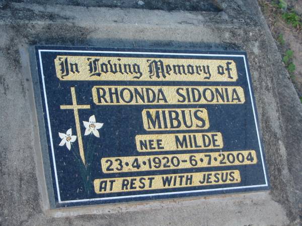 Rhond Sidonia MIBUS nee MILDE, 23-4-1920 - 6-7-2004;  | Lowood Trinity Lutheran Cemetery (Bethel Section), Esk Shire  | 