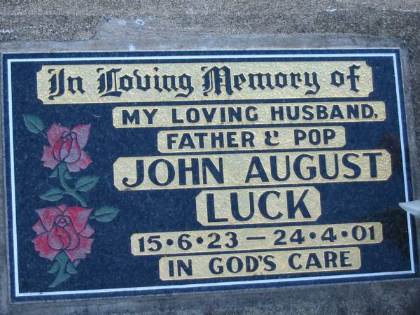 John August LUCK, 15-6-23 - 24-4-01, husband father pop;  | Lowood Trinity Lutheran Cemetery (Bethel Section), Esk Shire  | 