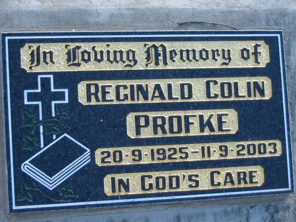 Reginald Colin PROFKE, 20-9-1924 - 11-9-2003;  | Lowood Trinity Lutheran Cemetery (Bethel Section), Esk Shire  | 