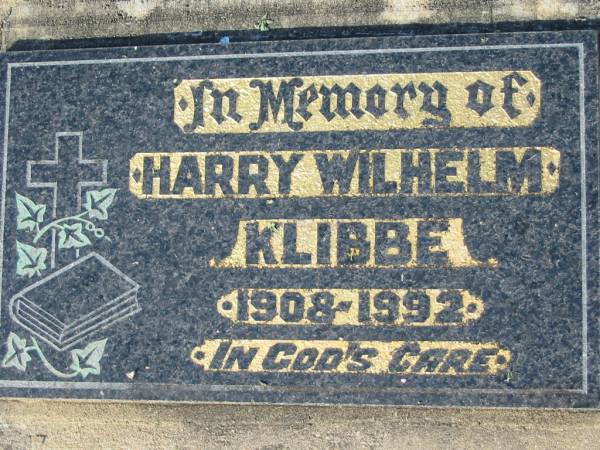 Harry Wilhelm KLIBBE, 1908-1992;  | Lowood Trinity Lutheran Cemetery (Bethel Section), Esk Shire  | 