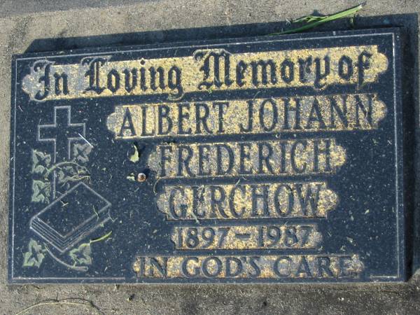 Albert Johann Frederich GERCHOW, 1897-1987;  | Lowood Trinity Lutheran Cemetery (Bethel Section), Esk Shire  | 
