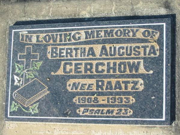 Bertha Augusta GERCHOW nee RAATZ, 1908-1993;  | Lowood Trinity Lutheran Cemetery (Bethel Section), Esk Shire  | 