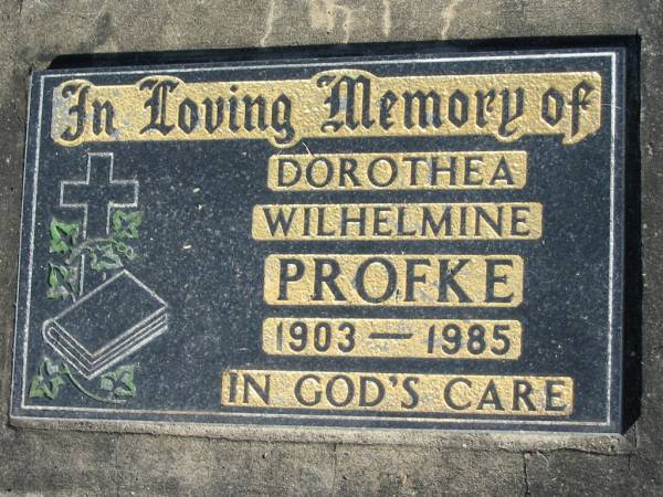 Dorothea Wilhelmine PROFKE, 1903-1985;  | Lowood Trinity Lutheran Cemetery (Bethel Section), Esk Shire  | 