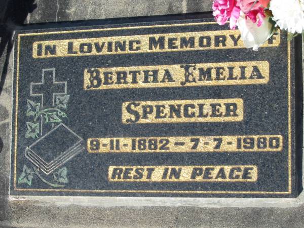 Bertha Emelia SPENGLER, 9-11-1882 - 7-7-1980;  | Lowood Trinity Lutheran Cemetery (Bethel Section), Esk Shire  | 