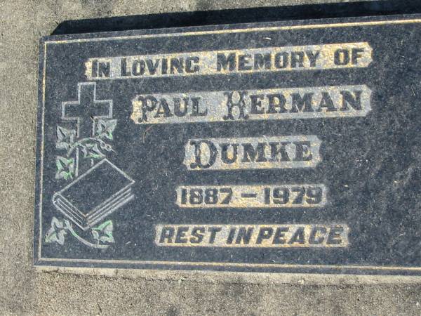 Paul Pherman DUMKE, 1887-1979;  | Lowood Trinity Lutheran Cemetery (Bethel Section), Esk Shire  | 
