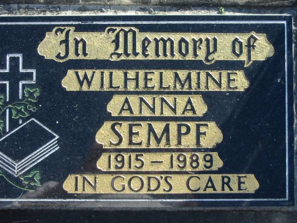Wilhelmine Anna SEMPF, 1915-1989;  | Lowood Trinity Lutheran Cemetery (Bethel Section), Esk Shire  | 