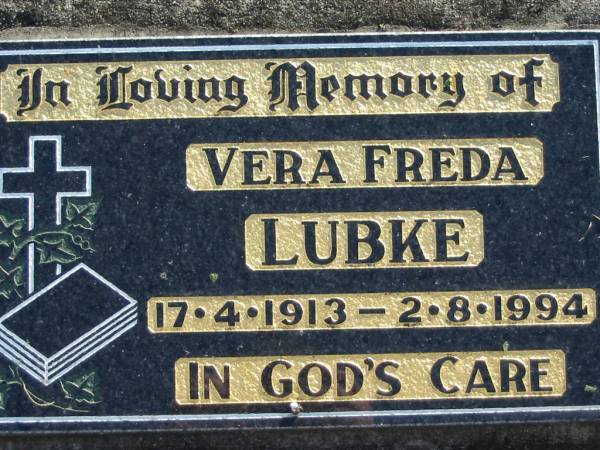 Vera Freda LUBKE, 17-4-1913 - 2-8-1994;  | Lowood Trinity Lutheran Cemetery (Bethel Section), Esk Shire  | 