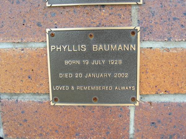 Phyllis BAUMANN, born 19 July 1928 died 20 January 2002;  | Lowood Trinity Lutheran Cemetery (Bethel Section), Esk Shire  | 