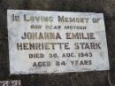 
Johanna Emilie Henriette STARK, died 30 Aug 1943 aged 84 years, mother;
Lowood Trinity Lutheran Cemetery (St Marks Section), Esk Shire
