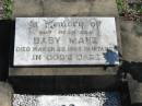 
Baby MANZ, died 22 Mary 1966 in infancy, son;
Lowood Trinity Lutheran Cemetery (St Marks Section), Esk Shire
