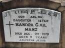 
Sandra Gail MANZ, died 20 Dec 1973 aged 7 years, daughter sister;
Lowood Trinity Lutheran Cemetery (St Marks Section), Esk Shire
