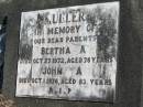 
MULLER;
parents;
Bertha A. died 27 Oct 1972 aged 78 years;
John A. died 1 Oct 1976 aged 83 years;
Lowood Trinity Lutheran Cemetery (St Marks Section), Esk Shire
