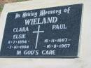 
WIELAND;
Clara Elsie, 8-7-1894 - 7-10-1984;
Paul, 16-11-1887 - 16-8-1967;
Lowood Trinity Lutheran Cemetery (St Marks Section), Esk Shire
